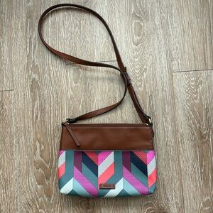 Fossil multicolor pink/brown/teal chevron crossbody purse, faux leather